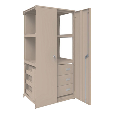 トラスコ TRUSCOM2型軽中量棚棚 背板・扉付W860×D600×H1800 HM型浅型引出し3段付連結 M2-6364-HM63-SDB 258-5253 (商品コード：170709)